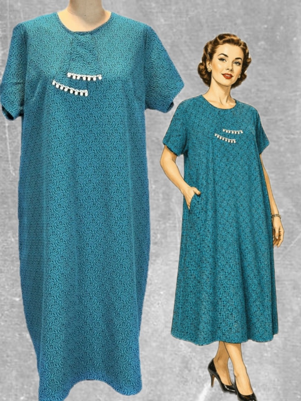 VINTAGE 60s jabot collar dress midi short sleeve textured geometric swirl MCM